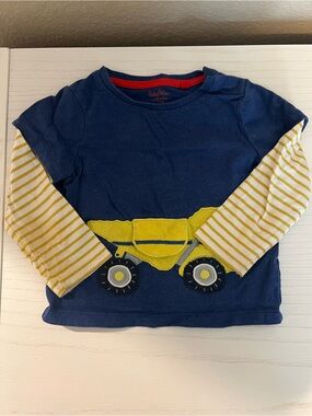 Baby Boden Navy Long Sleeve Tee with Yellow Striped Sleeves & Truck Applique